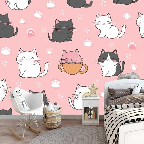 Fototapete Niedliche Cartoon-Katze Vlies Tapete Kinderzimmer - Tapete Moderne Wanddeko 250 x 175 cm Wandtapete für Mädchen Junge Teenager