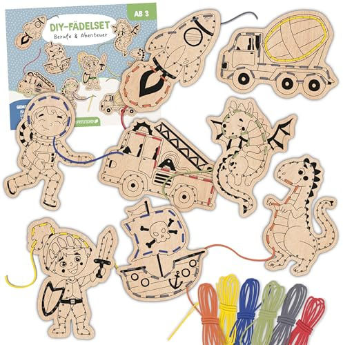 Papierdrachen DIY Fädelset aus Holz für Kinder - Jungen - 8 Holzfiguren - 6 bunte Schnüre - Plastiknadel - kreatives Basteln zur Förderung der Feinmotorik