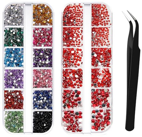 3000Pcs Rhinestones, Nail Gems for Nail Art, 3 Sizes Flat Back Gems, Crystals Nail Rhinestone, Nail Art Tools for Crafts with Pick Up Tweezer (Red+Multi-colored)
