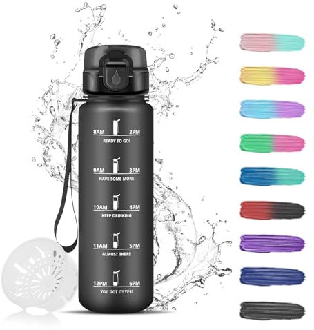 Gourde, Gourde 500ml, Gourde Filtrante Anti-Fuite, Gourde Graduée pour 1 Journee, Bouteille d'eau pour Motivation, Gourde Enfant, Facile à Nettoyer, Gourde Plastique pour École, Sport, Running, Noir