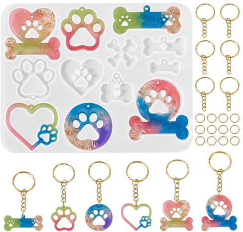 PandaHall Moule en silicone en forme d'os de chien, motif empreintes de pattes de cœur, moule en résine époxy UV, impression 3D, pour porte-clés, loisirs créatifs, fabrication de bijoux