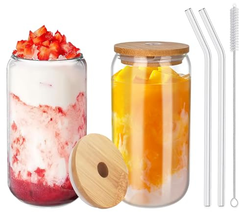 WANDGU Lot de 2 gobelets à thé à bulles de 500 ml avec paille et couvercle en bambou anti-moisissure, réutilisables pour café glacé, bière, smoothie, cocktails, thé à bulles