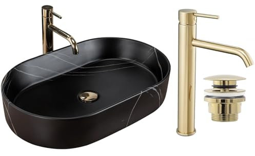 GTM Design Aufsatzwaschbecken Matt Set mit Waschtischbatterie und Stopfen - Aufsatzwaschbecken Oval für Badezimmer - Modern Waschbecken ohne Hahnloch - Waschbecken mit Armature - Modell 10