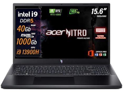 acer Nitro V15, Notebook gaming i9 13900H, RTX 4060 8 GB GDDR6, Ram 40 Gb DDR5, Ssd 1 Tb NVMe, Display 15.6 IPS 165 Hz, tastiera retroilluminata, Thunderbolt 4.0, Windows 11