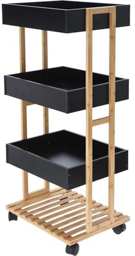 Well Home Bambus-Aufbewahrungswagen mit 1 Regal und 3 Tabletts in schwarzer Farbe, 40 x 30 x 87,5 cm