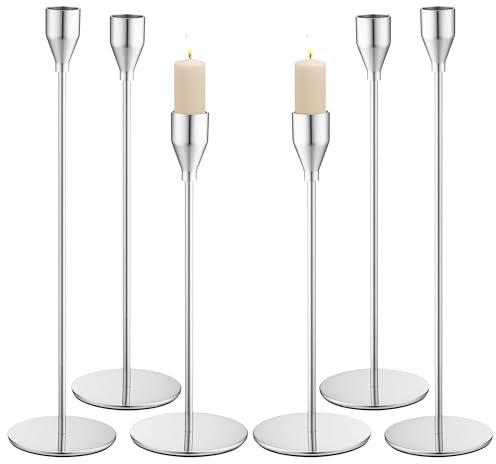 6 Teiliger Metall Kerzenständer, 33/28/23 CM drei Höhe Kerzenhalter Stabkerze, Retro Elegante Stabkerzenhalter für Hochzeiten, Abendessen mit Kerzenlicht, Partys, Geburtstage, Home Decoration (Silber)