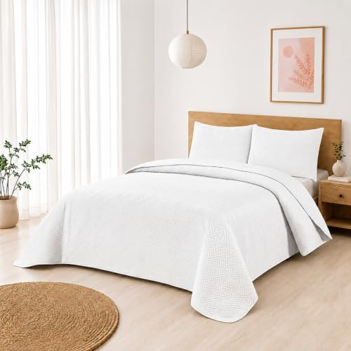 BESCH Colcha Boutis para Primavera y Verano con Relieve Geométrico de Color Blanco + 2 Funda Cojin 50x70 cm - Cubrecama Ligera Fina Entretiempo Extra Suave y Transpirable (Cama 150, 240x260cm)
