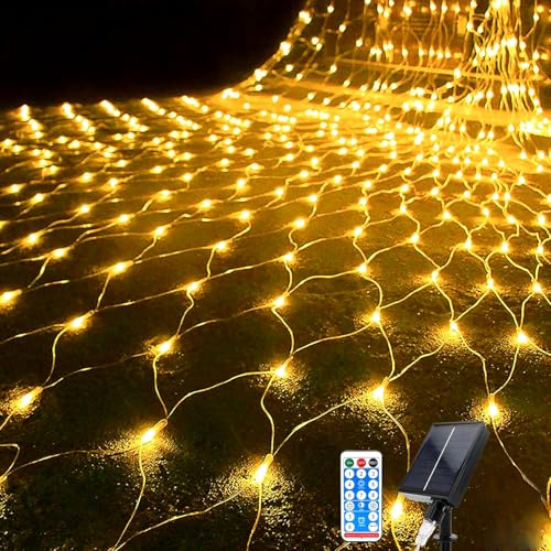 Kousee Solar Lichternetz 1.5x1.5m 96LED IP66 Wasserdicht mit Fernbedienung 8 Modi Timer, Netz Lichterkette für Weihnachten Garten Balkon Zaun Büsche