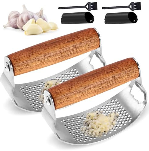 2025 Neu Knoblauchpresse Edelstahl, Knoblauchpresse aus 304 Edelstahl mit praktischem Reinigungsbürstchen und Silikon Knoblauchschäler Set, Garlic Press Einfache Handhabung und Reinigung (2 Pcs)