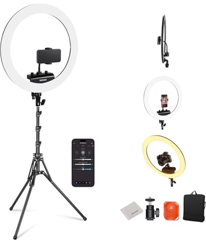 NEEWER RP18B Pro Ringlicht 18“ mit Stativständer und Handyhalterung Kompatibel mit iPhone, 45W 2900K-7000K App Steuerung Reinigungstuch, Selfie Video Makeup Studio Streaming Videolicht, Schwarz