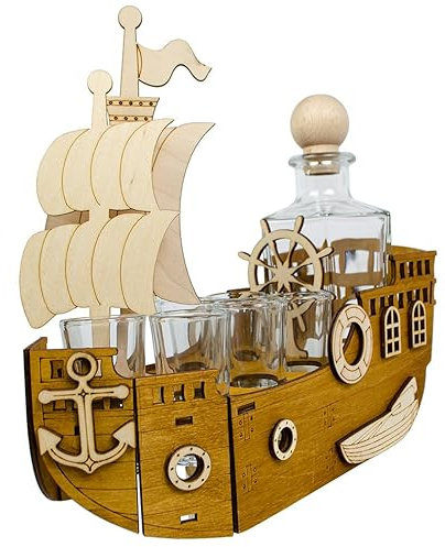 Schiff mit Karaffe & 6 Gläsern – Geschenk für Männer | Piraten-Deko aus Holz | Barzubehör für Schnaps, Wodka, Whisky | Vatertag, Geburtstag, Papa