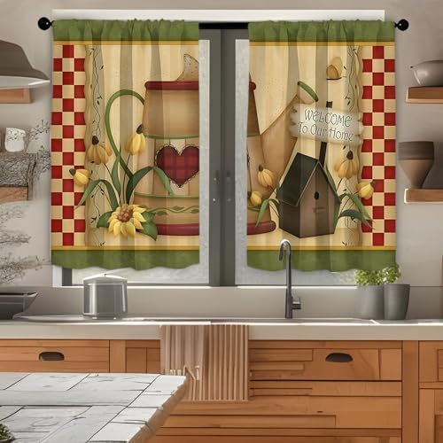 Highdi 2 Pezzi 3D Motivi Tende Cucina con Sacchetto, Tendine Cucina Tendina Sottolavello, Tende per Finestre Piccole per Soggiorno, Casa in Stile Rustico (Casetta di legno,W80xL120cm)
