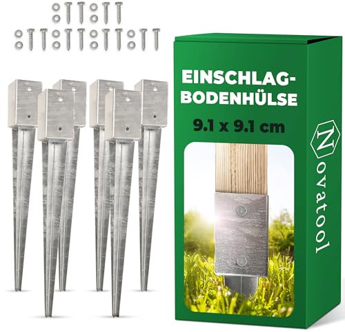Novatool 6x Einschlagbodenhülsen-Set 91x91x750 mm, Bodenhülse Sonnenschirm Pfostenträger Zaunpfosten Holzpfosten Bodenhülsen Einschlaghülse Bodenanker Erdspieß zum Einschlagen, verzinkt, mit Schrauben