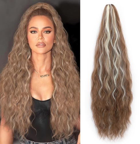 Ponytail Extension 24 Water Wave Curly Pony Tail Clip in hair extensions Fluffy Natural Looking Synthetic Hairpieces for Women Light Brown with Highlights