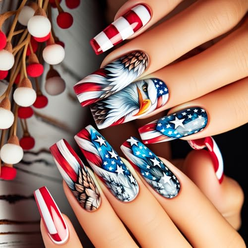 Independence Day Inspired 24 Pieces Press On Nails Acrylic Set Cartoon Star Designs Manicure For Art Lover Flag Nail