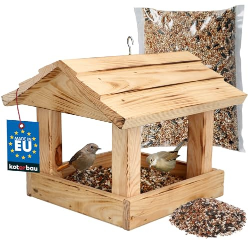 KOTARBAU® Mangiatoia per Uccelli - 28 x 24,5 x 22 cm - Casetta Legno per Uccelli - da Esterno - con Mangime 0,5 kg - Decorazione da Giardino - Legno Naturale