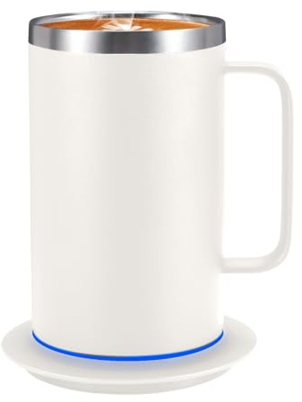 Zhenglu USB Self Heating Coffee Mug, Large Heated Mug & Coffee Warmer Set, 131°F Temperature Control Cup with Lid for Desk Home Office (Off White-17oz)