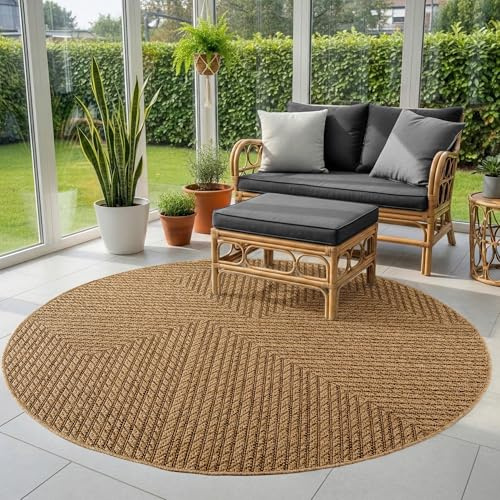 SIMPEX Outdoor Teppich Rund 200 cm Wetterfest Pflegeleicht Jute Natur Optik Skandinavisches Design für Garten Terrasse Wohnzimmer Esszimmer