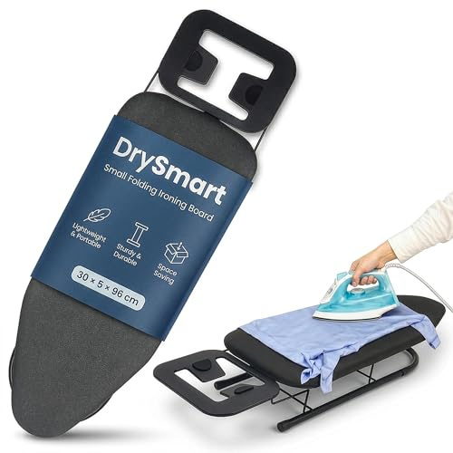 DrySmart Table Top Ironing Board - Small Folding Iron Table with Ironing Board Cover, Non-Slip Legs, Lightweight & 76×30cm Compact Pressing Surface, Easy Storage for Home Laundry Use (Black)