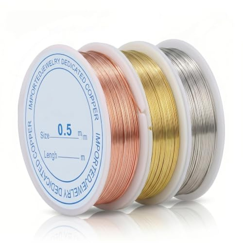 3 Pack Jewellery Wire Flexible Copper 0.5mm Tarnish Resistant | Soft Craft Wire for Beading, Necklaces, Jewellery Making - Gold, Silver, Rose Gold - Bendable, Durable, Easy to Shape