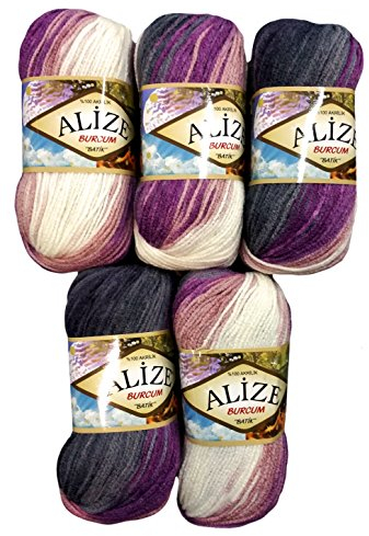 Alize Burcum Batik 5 x 100 Gramm Wolle Mehrfarbig mit Farbverlauf, 500 Gramm Strickwolle (lila Beere schwarz grau weiß 1986)