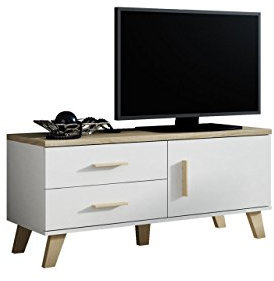 Mirjan24 TV-Lowboard Lotta II 120 1D2S, TV-Tisch im skandinavischen Stil, TV Board, Fernsehtisch, Fernsehschrank, TV-Schrank, TV-Bank, TV-Möbel (Brilliant Weiß + Eiche Sonoma)