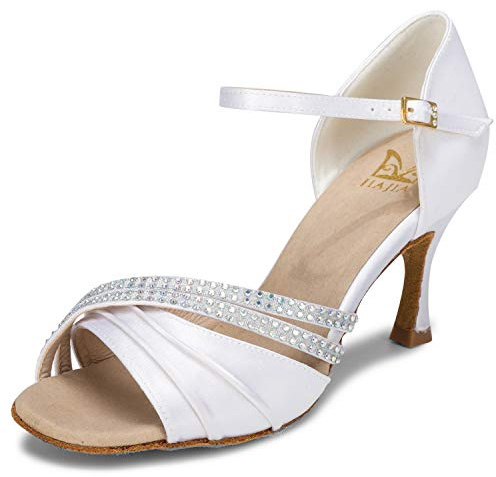 JIAJIA 20524 Latin Women's Sandals 2.95'' Flared Heel Super Satin Dance Shoes Color White,Size 1 UK / 34 EU