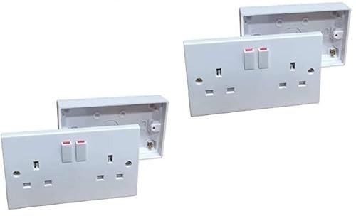 Double Switched Wall Socket 2 Gang Twin + 25mm Surface Pattress Back Box Pack of 2