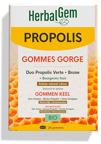 HerbalGem Propolis Large Spectre Gommes Bio 24 Gommes | Allié idéal en cas de mal de gorge ou de baisse des défenses immunitaires. Protection hivernale.