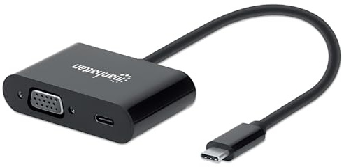 Manhattan USB-C to VGA and USB-C (inc Power Delivery), 1080p@60Hz, 19.5cm, Black, Power Delivery to USB-C Port (60W), Male to Female, Lifetime Warranty, Retail Box