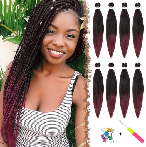FESHFEN Braids Extensions Kunsthaar zum Einflechten #T1B/900 Ombre Burgund | 65 cm 8 Pack Vorgedehntes Flechthaar Yaki-Textur Kunsthaar für Box Senegalese Twist, DIY für Alltag Festival Karneval