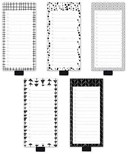 5 Pack White Black Pattern Magnetic Notepads with Pen Holder,for Grocery, Shopping and to Do Lists with Checkbox,Note Pad for Refrigerator 3.3 x 7,50 Sheets