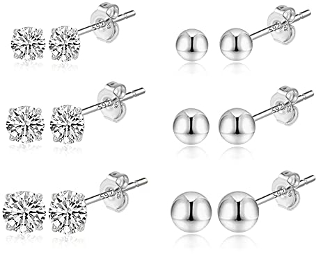 Kleine Ohrstecker Silber 925 Ohrringe Set Damen, 6 Paar Hypoallergen Kleine Ohrstecker Set Premium Kugel und Zirkonia Tragus Ohrringe Set für Mehrere Ohrlöcher (3/4/5mm)