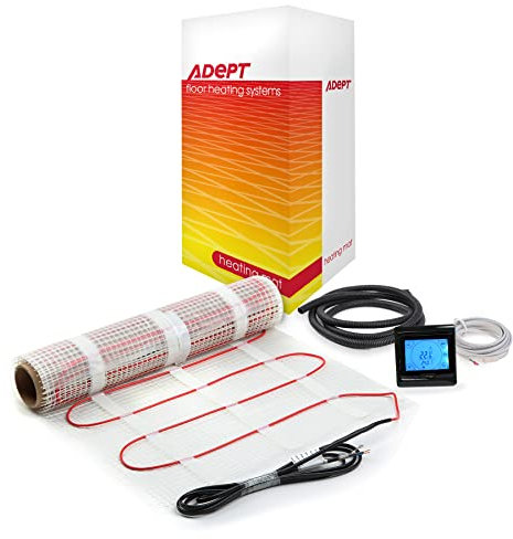 Adept Premium Electric Underfloor Heating Mat Kit 200W per m² with Self Adhesive Backing for Under Tile or Stone Floors - 2m2 Kit - Black Touchscreen Thermostat