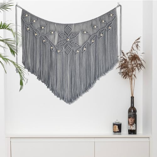 Youngeast Makramee-Wandbehang, große Makramee-Vorhänge, Blattform, Perlen, Wanddekoration, Boho-Quaste, Wandkunst, gewebter Wandteppich, Kopfteil, Hintergrund, Grau