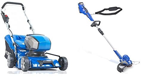 Hyundai 40v Lithium-ion Cordless Battery Powered Lawn Mower 42cm Cutting Width 45L Grass Bag, 3 Year Hyundai Platinum Warranty & Powerful 40v Lithium-ion Battery Grass Trimmer, 3 Year Warranty, Blue