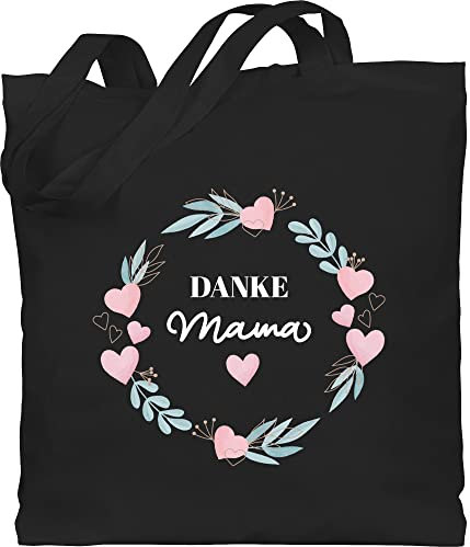 Baumwolltasche - Taschen - Danke Mama Blumenkranz mit Herz weiß - Unisize - Schwarz - tasche zum muttertag mutter beutel muttertagsgeschenk von kindern mom stoffbeutel