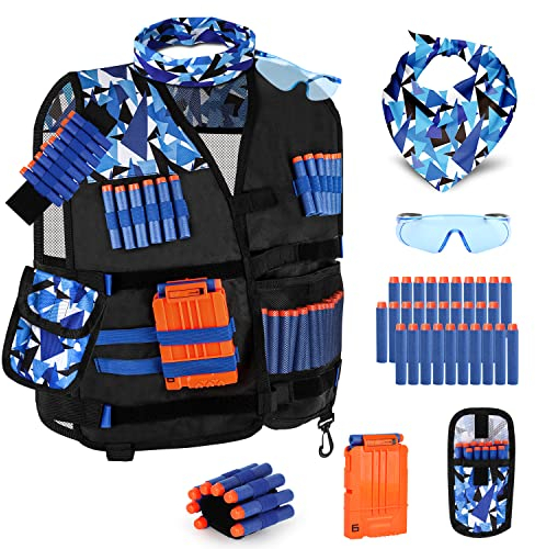 Lehoo Castle Taktische Weste Jacke Set für Nerf Guns N-Strike Elite, Taktische Weste für Kinder, mit 30 Darts, Brille, Schnell Nachladen Clips, Maske und Armbände(Blau)