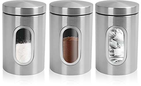 Top 3 Kitchen Storage Canisters – 3 Piece Storage Container Set – Stainless Steel Containers With Lids – Ergonomic Food Containers – Storage Jars With Window – For Tea, Coffee Sugar (2022)