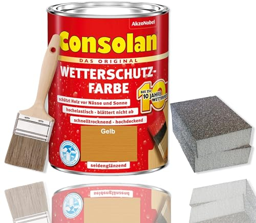 Consolan Wetterschutzfarbe Set 2,5 l Holzfarbe Dauerschutz Deckend mit Zubehör (Gelb)