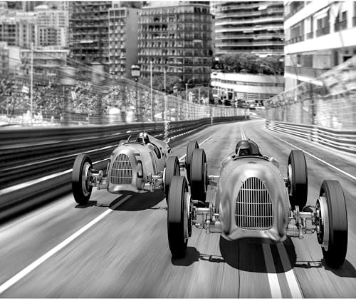 decomonkey Premium Fototapete Auto 450x315 cm XXL Design Tapete Fototapeten Vlies Tapeten Vliestapete Wandtapete moderne Wand Schlafzimmer Wohnzimmer Rennen grau