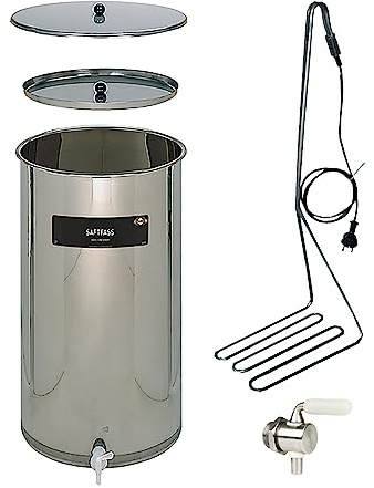 Edelstahlfass Saft 110 Liter mit Tauchsieder und Edelstahl V2A Hahn, Saftfass 110l zum Säfte erhitzen und pasteurisieren, Fass Edelstahlbehälter mit Öl Schwimmdeckel, Saftlagerung