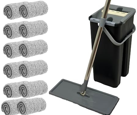 SWISSPACK Floor Mop and Bucket Set − Easy and Simple Squeeze Mop Bucket, Flat Mop with(1 Year Supply) 12-Pack Replacement Machine Washable Microfibre Mop Pads for All Floors Types (Black)