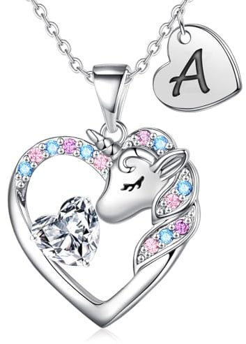 TINGN Einhorn Geschenke für Mädchen - Einhorn Halskette für Mädchen 14 Karat Vergoldet Einhorn Kette Kinder Herz Halskette mit Buchstaben Kette Mädchen Schmuck Geburtstagsgeschenk für Tochter