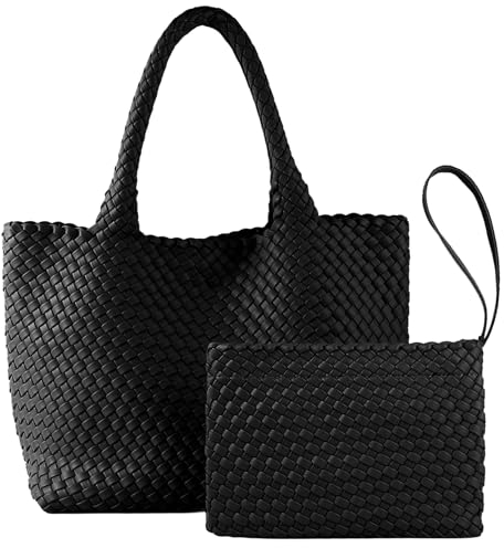 Gewebte Tragetasche für Frauen, veganes Leder, handgewebte Taschen mit kleiner, handgefertigter Geldbörse, große Reise-geflochtene Handtaschen mit Tragegriff oben, Schwarz, Klassische handgefertigte