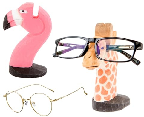 tangger 2PCS Lustig Brillenhalter Holz Sonnenbrillenhalter aus Holz Tier Brillenständer brillenablage Handgeschnitzt Brillenablage Geschenk lustige brillenhalter(Flamingo Giraffe)