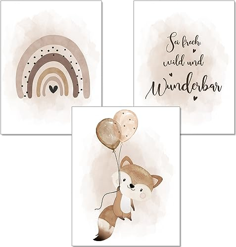 artpin® Poster Kinderzimmer Deko - 3er Set Bilder Babyzimmer Sand Beige für Junge Mädchen -A4 Fuchs Tierposter Luftballon Beige (K4)
