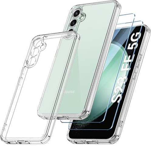 Qasyfanc Handyhülle Kompatibel mit Samsung Galaxy S23 FE, Hülle mit Kameraschutz und 2 Stück Schutzfolie, Hard PC Nie Vergilbung Case Transparent Militärschutz Fallschutz Schutzhülle, Klar
