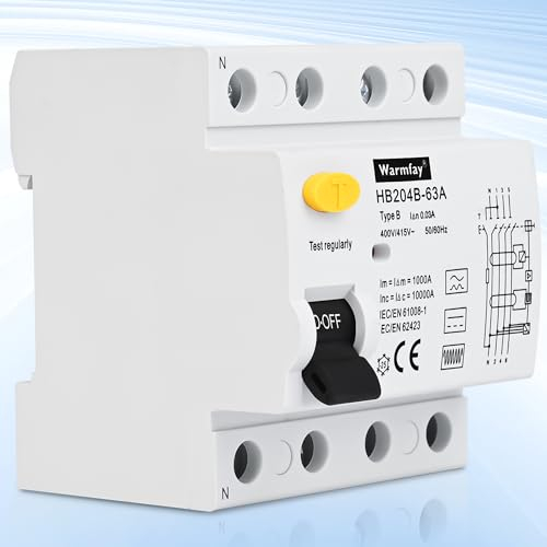 Warmfay Disjoncteur différentiel FI 63 A 30 mA 4 pôles - Disjoncteur différentiel type B - Interrupteur automatique - Interrupteur FI pour bornes de charge murales