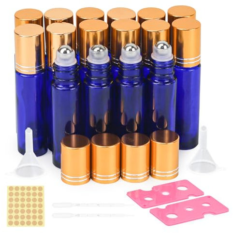 10 ml Rolle auf ätherischen Ölen, 16 Stück braune Flaschen, Rollon, Glas, nachfüllbar, mit Roll-on und Edelstahlkugel für Massagen, Laborflasche (10 ml, Blau)